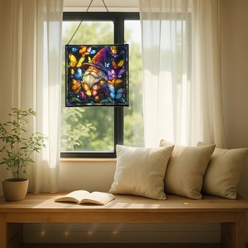 Gnome Among Butterflies Stained Glass Suncatcher – Square Hanging Window Panel for Home or Greenhouse – Whimsical Glass Art Gift for Garden Lovers, Christmas, Halloween, Father Days mExMxO - Image 7