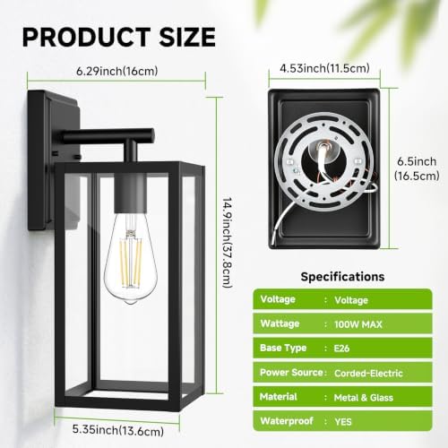 Double Extra 14.9" Large Outdoor Wall Light Fixture Black waterproof - Image 6