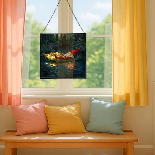 Floating Leaf Gnome Stained Glass Suncatcher – Square Hanging Window Panel for Home or Greenhouse – Whimsical Glass Art Gift for Garden Lovers, Christmas, Halloween, Father Days fFUfVq - Image 5