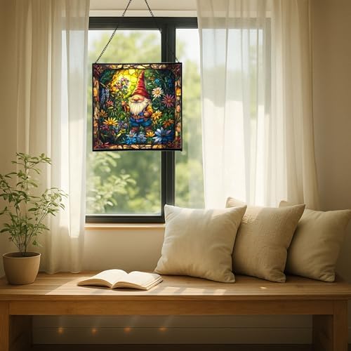 Midsummer Gnome Garden Stained Glass Suncatcher – Square Hanging Window Panel for Home or Greenhouse – Whimsical Glass Art Gift for Garden Lovers, Christmas, Halloween, Father Days P6KAqe - Image 7