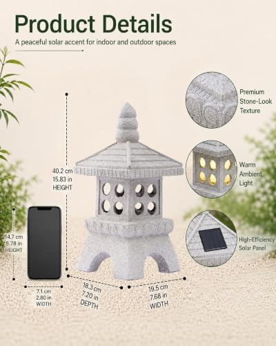 Nacome Solar Pagoda Garden Statues: 15.7-Inch Gray Outdoor Zen Decor - Image 3