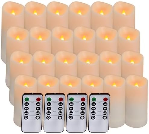 Aignis 24pcs Flameless LED Candles Battery Operated with 10-Key Remote Timer, Outdoor Waterproof Electric Lights, Warm Flickering Glow for Cozy Home/Wedding/Holiday Décor (D2.2'' x H4''/5''/6''/7'') by Aignis