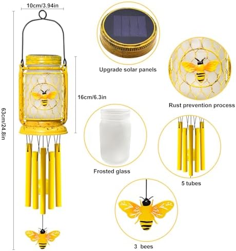 1 Pack Solar Bee Wind Chimes for Outside, Mother' s Day Gifts for Mom Women Grandma, Solar Mason Jar Wind Chime Light Unique Hanging Wind Chimes Outdoor, IP65 Waterproof for Yard Garden Terrace - Image 3