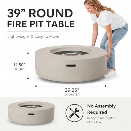 Outdoor Propane Fire Pit Table for Outside Patio, 39 Inch Concrete Fire Pit Table, Round Gas Fire Pit for Garden, Pool, Backyard, 50,000 BTU, Free Lava Rocks, Light Gray - Image 2