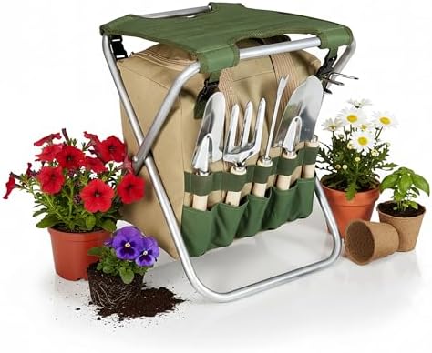 PICNIC TIME Garden Kneeler and Seat, Folding Gardening Bench, Portable Garden Stool and Kneeler with Detachable Tote Organizer for Weeding & Yard Work (Olive Green with Beige Accents) by PicnicTimeFamilyofBrands