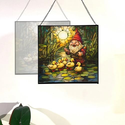 Gnome and Ducklings Stained Glass Suncatcher – Square Hanging Window Panel for Home or Greenhouse – Whimsical Glass Art Gift for Garden Lovers, Christmas, Halloween, Father Days IMzgZn - Image 4