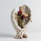 12" Angel Wings Embracing Cross and Rose Garden Statue Memorial Statue for Beloved one - Image 2