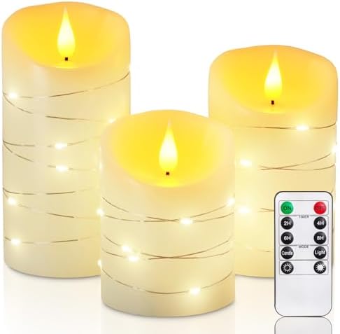 Homemory Flameless Candles with String Lights, 3 Pack Embedded Fairy String Lights LED Candles, Electric Flickering Candles with Remote Control and Timer, Real Wax, Ivory White by Homemory