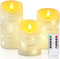 Homemory Flameless Candles with String Lights, 3 Pack Embedded Fairy String Lights LED Candles, Electric Flickering Candles with Remote Control and Timer, Real Wax, Ivory White by Homemory