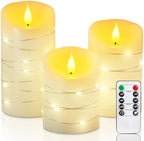 Homemory Flameless Candles with String Lights, 3 Pack Embedded Fairy String Lights LED Candles, Electric Flickering Candles with Remote Control and Timer, Real Wax, Ivory White by Homemory