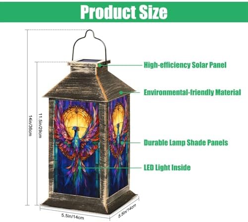 Solar Lantern Colorful Stained Glass Vibrant Feather Sunset Rising Flame Bird Winged Outdoor Waterproof Hanging Solar Light Outside Lights for Patio Yard House Lawn Decor Birthday Gifts for Women Mom - Image 2