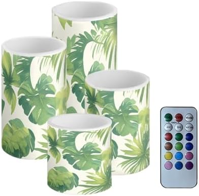 4Pcs Flameless Candles with Remote and Timers Green Leaves Flickering Battery Operated Candles Waterproof Outdoor Flameless LED Pillar Lights for Outdoor Indoor Decorations by Merkmak