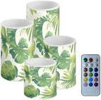 4Pcs Flameless Candles with Remote and Timers Green Leaves Flickering Battery Operated Candles Waterproof Outdoor Flameless LED Pillar Lights for Outdoor Indoor Decorations by Merkmak