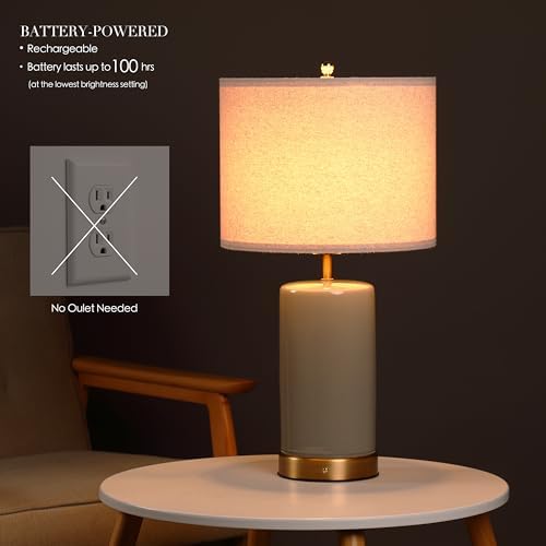 O’Bright Dune - Battery Powered Table Lamp, Rechargeable Cordless Ceramic Lamp, Full-Size 24 Inch Height, 4-Level Dimming, Smart Safety Protection, Type-C Fast Charging, LED Bulb Included, Stone Grey - Image 2