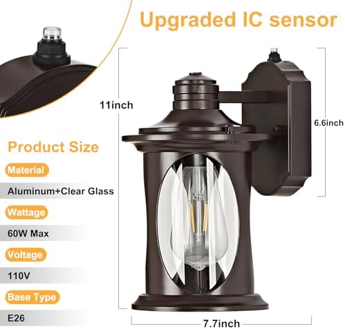 OKELI 2-Pack Dusk to Dawn Outdoor Wall Lights, Black Exterior Lighting Fixture Wall Sconces with E26 & Tempered Glass, Rust Resistant Outside Lantern Lights Wall Mounted for Porch(Brown) - Image 6