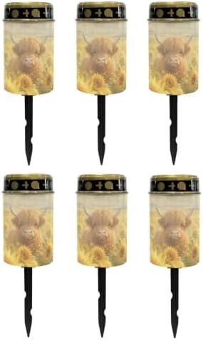 Poceacles Outdoor Lights Solar Grave Candle Solar Cemetery Candles LED Automatic Outdoor Flameless Cemetery Lights for Loss of Dad, Sunflower Highland Cow, Set of 6 by Poceacles