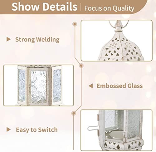 2 Pcs Moroccan Lantern Metalwork Hanging Tealight Candle Holder Metal Glass Indoor Outdoor Battery Operated LED Flameless with 35cm Chain, White - Image 4