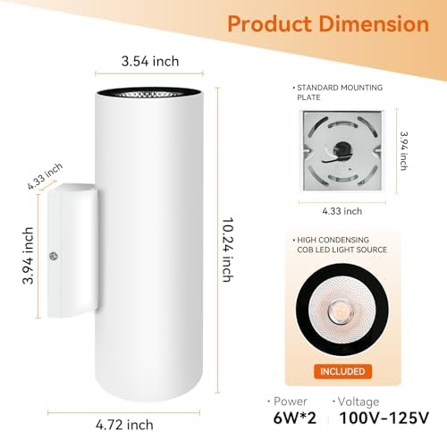 JO.KO Porch Light in 2 Lights, Cylinder Wall Lights 10.24" 2 Pack, Up Down Lights 2700K Warm White, Waterproof Wall Sconce, Aluminum,Exterior Light Fixture Wall Mount, White - Image 7