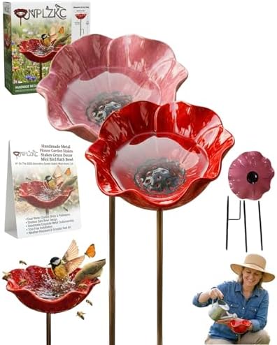 Handmade Metal Flower Garden Stakes Grace Decor Mini Bird Bath Bowl Supports for Outside Outdoors Pollinator Butterfly Bee Watering Station Birdbath Hummingbird Water Feeder Yard Art Gift(2MIXF) by Unknown