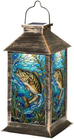 Solar Lantern Vibrant Stained Glass Design Bass Fish Aquatic Fishing Lovers Garden Hanging Lantern Waterproof Solar Powered Lighting Outdoor Table Lamp for Deck Yard Patios Trees Decor by Unknown
