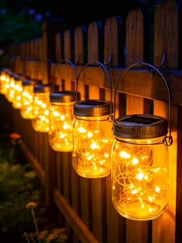 Cooo Gift for him her 9 Pack Solar Lanterns Outdoor Waterproof Upgraded Crystal Glass Solar Mason Jar Lights 30 LED 215% Larger SolarPanel, Anti-Rust Lid Hanging Outdoor Lanterns for Patio Garden by Cooo