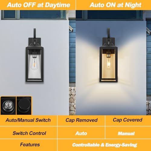 19" Large Black Dusk to Dawn Outdoor Wall Lantern Porch Light Outdoor - Image 2