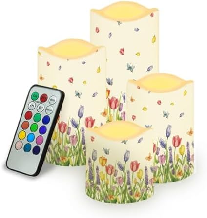 Colorful Tulip Flameless Candles with Remote Timer Flickering LED Pillar Candles Color Changing Set of 4 Battery Operated Candles Indoor Outdoor Home Table Beach Wedding Decoration by Uorisanigo