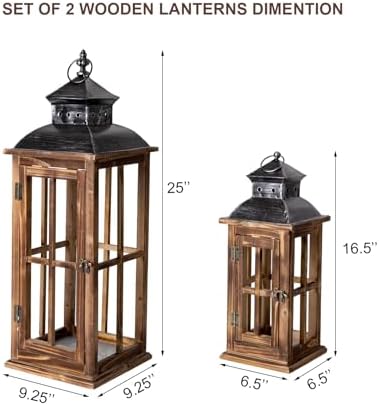 Large Farmhouse Decorative Wooden Lanterns Set of 2, Rustic Burnt Wood Floor Lanterns, Indoor/Outdoor Hurricane Lanterns for Home Decor (No Glass) - Image 5