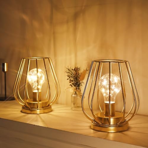 TRIROCKS Set of 4 Metal Battery Operated Lamp 7'' Tall Mini Cage Shape Cordless Table Lamp Battery Lanterns with Warm Fairy Lights Bulb for Patio Garden Wedding Parties Indoor Outdoor(Gold) - Image 6