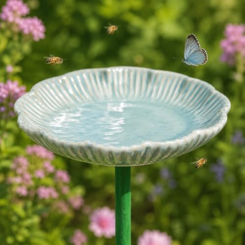 Ceramic Pollinator Watering Station for Bees and Butterflies, Shallow Garden Water Dish on Green Stake, Outdoor Insect Water Bowl for Patio Yard Flower Bed Decor, 1 Pack, Pale Aqua Green by Unknown