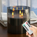 Extra Large Flameless Candles with 3 Wicks, 6"x6" Glass Battery Operated Candles with Remote, Real Wax Flickering LED Candles Fake Candle for Home, Wedding, Party, Gray by AFINETH