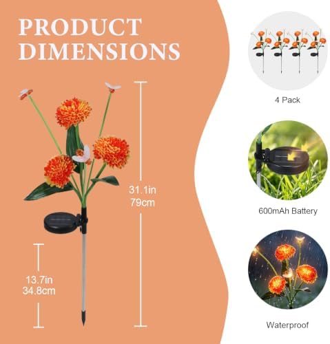 4 Pack Solar Bee Path Lights, Honeycomb Flower with 12 Swaying Bees 600mAh Waterproof Garden Decor - Image 2