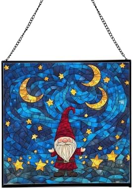 Starry Night Gnome Stained Glass Suncatcher – Square Hanging Window Panel for Home or Greenhouse – Whimsical Glass Art Gift for Garden Lovers, Christmas, Halloween, Father Days 81MU6h by Custom