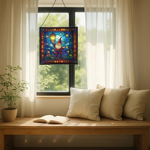 Lantern Festival Gnome Stained Glass Suncatcher – Square Hanging Window Panel for Home or Greenhouse – Whimsical Glass Art Gift for Garden Lovers, Christmas, Halloween, Father Days GMYY93 - Image 7