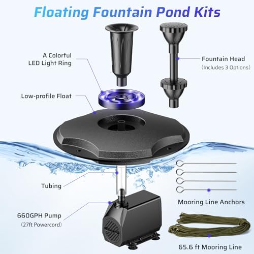 Antfraer Floating Pond Fountain with Remote Control RGB LED Lights, 40W 660GPH Water Pump with 3 Spray Modes, Floating Fountain 27FT Cord & 65.6FT Mooring Line for Garden Ponds, Outdoor Water Features - Image 3