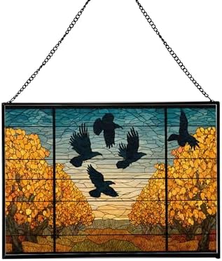 Crows Flying Over Autumn Orchard Rectangular Stained Glass Suncatcher – Hanging Window Panel with Animal & Nature Scene – Vibrant Glass Art Gift for Wildlife, Fantasy, Nature Lovers 90NTOm by Custom