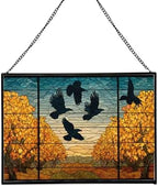 Crows Flying Over Autumn Orchard Rectangular Stained Glass Suncatcher – Hanging Window Panel with Animal & Nature Scene – Vibrant Glass Art Gift for Wildlife, Fantasy, Nature Lovers 90NTOm by Custom