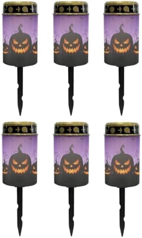 Poceacles Outdoor Solar Powered Cemetery Lights Grave Outdoor Stake Lights Garden Solar Lantern Flameless Candles Halloween Garden Decoration, Pumpkin Bat Print Violet, Pack of 6 by Poceacles