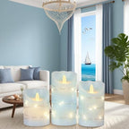 Nautical Flameless Candles with String Lights Flickering Blue Battery Operated Candles with Remote Control & Timer - Home Farmhouse Holiday Ocean Decor - Set of 3 - Image 2