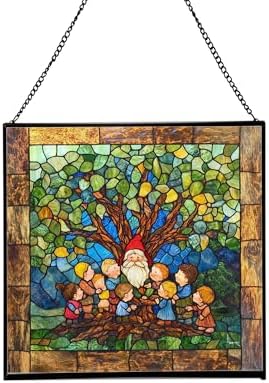 Gnome with Family Tree Stained Glass Suncatcher – Square Hanging Window Panel for Home, Garden, Nursery, Halloween, Christmas, Memorial Day – Whimsical Glass Art Gift for Gnome Lovers gvvriz by Custom