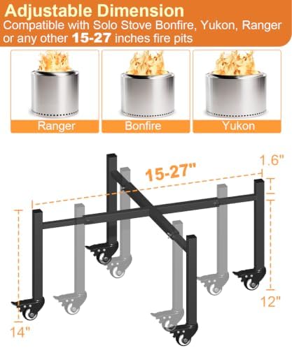 Garbuildman 15-27 Inch Universal Rolling Firepit Stand for Solo Stove Bonfire Ranger Yukon & Other 15-27" Outdoor Fire Pit, Metal Fire Pit Accessory for Outside Patio Camping Fireplace Tools, Black - Image 2
