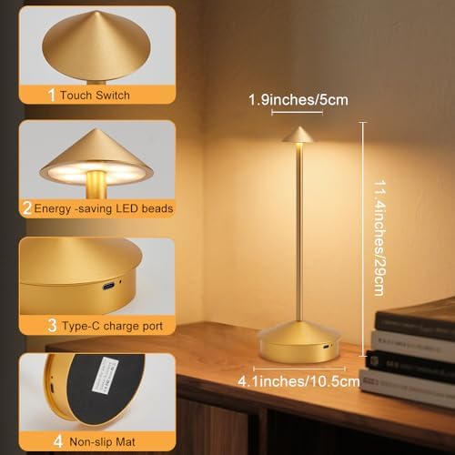 EJQ Cordless Table Lamp,Portable LED Table Light, Rechargeable 6000mAh Battery Operated, 3 Color Stepless Dimming Up Touch Lamp for Restaurant/Bedroom/Bars/Outdoor Party/Camping/Camping Light(Gold) - Image 6