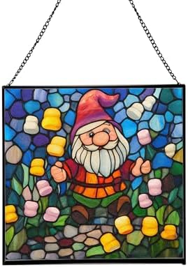 Gnome in Marshmallow Garden Stained Glass Suncatcher – Square Hanging Window Panel for Home or Greenhouse – Whimsical Glass Art Gift for Garden Lovers, Christmas, Halloween, Father Days KUb2c5 by Custom