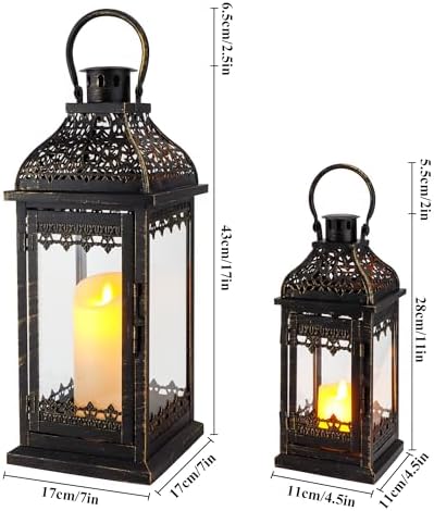JHY DESIGN 13''&19.5''H Decorative Candle Lanterns Set of 2 Vintage Hanging Lantern Metal Candle Holder for Garden Living Room Indoor Outdoor Parties Weddings Balcony(Black with Gold Brush) - Image 3