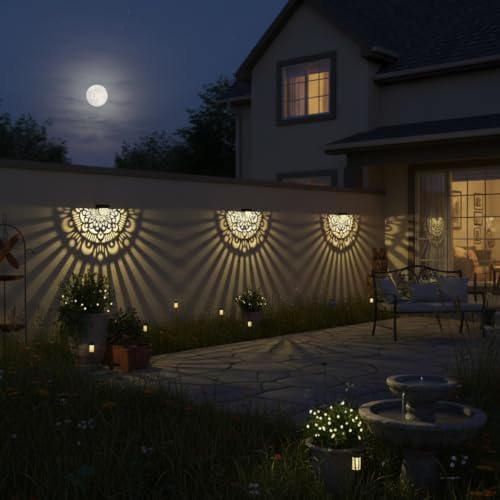6 Pack Solar Fence Lights Outdoor Wall Lights Black Plastic Solar Powered Deck Step Stair Lights Mandala Theme Waterproof Fence Solar Light for Garden Post Patio Backyard Yard Decor - Image 2