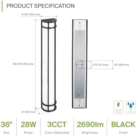ASD 36" LED Outdoor Wall Light | Half Cylinder 3CCT, Porch Patio | Black - Image 2