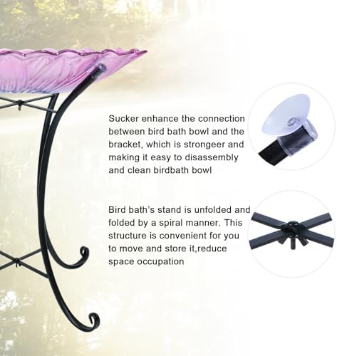 MUMTOP Outdoor Glass Bird Bath with Metal Stand for Yard Garden Decor, Pink - Image 5