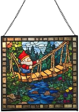 Gnome with Rope Bridge Stained Glass Suncatcher – Square Hanging Window Panel for Home, Garden, Nursery, Halloween, Christmas, Memorial Day – Whimsical Glass Art Gift for Gnome Lovers s5xfyb by Custom