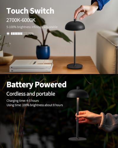 12" Cordless Table Lamps Set of 2, Black Modern Portable Desk Lamp - Image 4