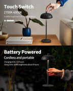 12" Cordless Table Lamps Set of 2, Black Modern Portable Desk Lamp - Image 4